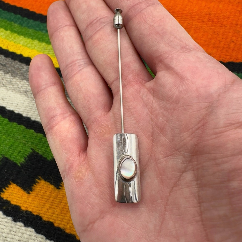 Vintage Mother of Pearl Abalone‎ Lapel Stick Pin 3" 925 Sterling Silver
